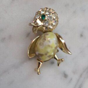 Vintage Duck Bird Brooch Rhinestone Head Marbled Glass Cabochon Body